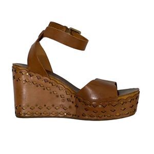 ASH Brown Leather Wedge Sandals Boho Studded Ankle Strap Women's Size 39 / US 8